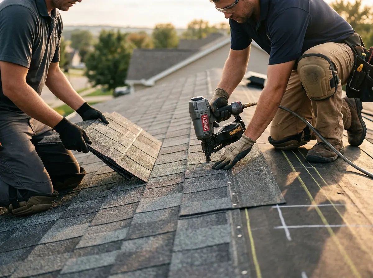 Professional roofer working on a residential roof in Edwards